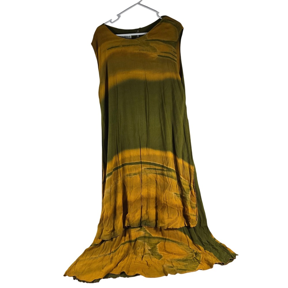 Kresno Genuine Handmade Batik Maxi Dress Olive Green Yellow Tie Dye Sleeveless‎